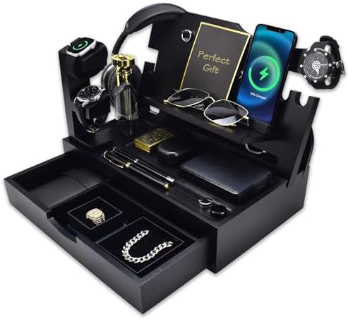 Nightstand Organizer for Men with Large Drawer Gift for Men, Black by KWYADLUO