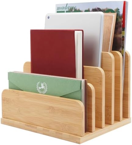 Desk File Mail Organizer Countertop, 5 Slots Bamboo Folder Sorter Holder for Letter, Envelope, Paper, Bill Filing, Desktop Tray Organizer for Office & Home by Deefielly