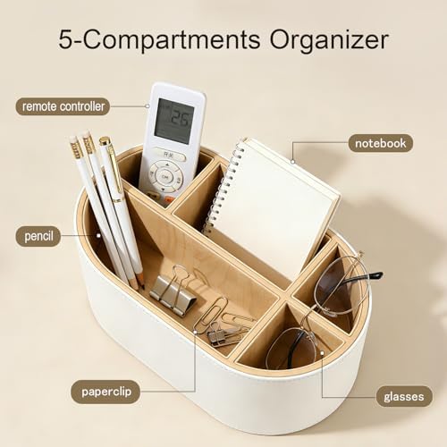 KINGFOM PU Leather Desk Organizer with Multi Compartments, Desktop Caddy Holder for Remote Controls, Pens, Makeup Brushes, Office Accessories (Beige) - Image 2