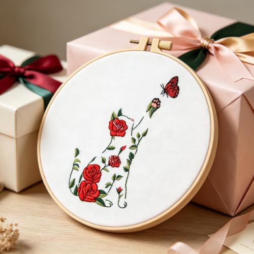 Flowers Cat Embroidery Kits for Beginners Adults, Cute Hand Embroidery Starters Kits, Floral Stamped Cross Stitch Kits Needlepoint Kits for Beginners Adults, Embroidery Hoop, Thread and Video Tutorial - Image 3