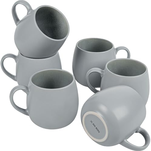 Ava Nord Ceramic Coffee Mugs Set of 6, 14oz - Modern Scandinavian Aesthetic - Microwavable Stoneware Coffee Cups with Comfortable Handle - Tea Mug Set for Latte, Cappuccino, Soup - Pale Blue Mist by AvaNord