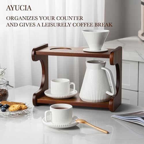 Pour Over Coffee Maker Set, 22OZ Ceramic Pour Over Coffee Dripper with Acacia Wood Stand and 5OZ Cups and Saucers Set of 2, Size 02 - Image 3
