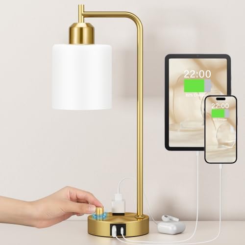 Innqoo Gold Lamp for Bedroom - Industrial Bedside Table Lamp with USB Port and Outlet, Fully Dimmable Nightstand Lamp with Opal Glass Shade, Small Desk Lamps for Home Office by Innqoo