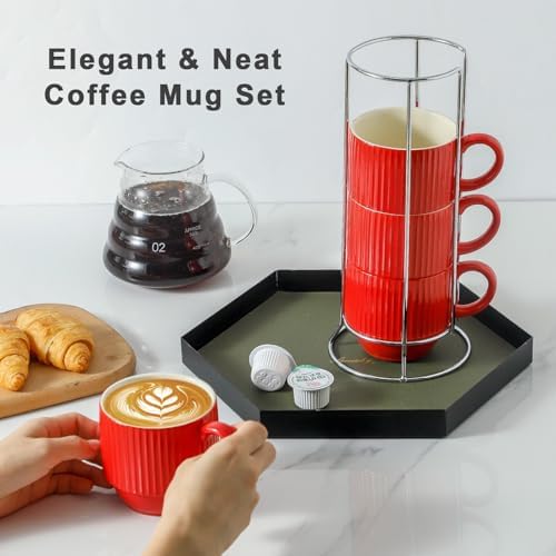 Hasense 12 Oz Coffee Mugs Set of 4 with Rack, Red Stackable Coffee Cups Ceramic, Modern Ribbed Latte Cup Sets for Cappuccino, Tea, Espresso, Hot Cocoa, Drinks - Dishwasher & Microwave Safe - Image 5