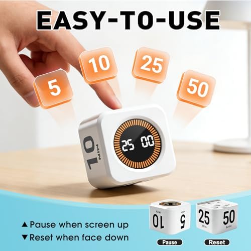Rotating Timer Cube for Productivity — 5/25/10/50 Minutes Preset, Digital Gravity Sensor Desk Visual Timer for ADHD, Silent Mode, Ideal for Office, Study, Kitchen & Kids (White) - Image 2