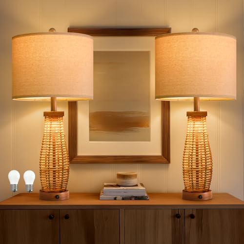 OYEARS 28" Table Lamps Set of 2 with Dual Night Lights, Bedside Lamps for Bedroom, Boho Lamp for Living Room, Rattan Table Lamp with Linen Shade, Farmhouse Lamp with Wood Grain Finish (Bulb Included) by OYEARS