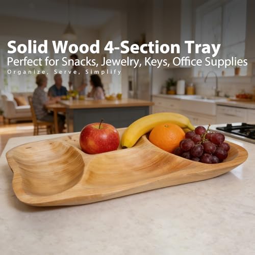 BTEOBFY Natural Wood 4-Compartment Divided Fruit Tray, Live Edge Handmade Serving Platter for Snacks, Sandwiches, Appetizers, Unique Hand-Carved Rustic Design - Image 3