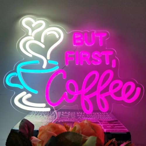 But First Coffee Neon Sign Large 5V USB Powered Acrylic Neon Lights with Dimmable Switch and Hanging Chain for Coffee Cafe Bar Party Living Room Sign Gifts 14 * 11.3inch(Pink) - Image 2