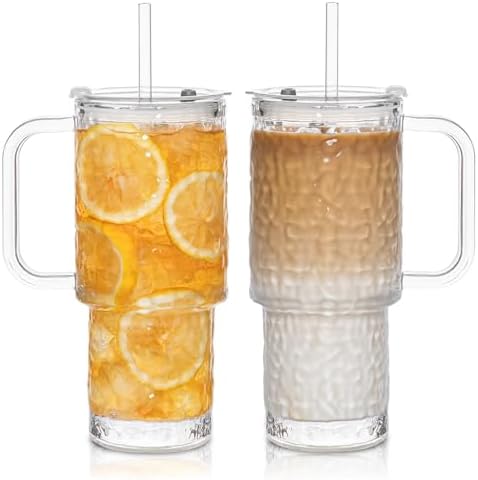 INSETLAN 24 oz Water Ripple Glass Tumbler with Handle and Lid, Set of 2 – Reusable Iced Coffee Cups with Lids, Clear Glass Cups with Straw for Coffee, Smoothies, Tea, Juice – Perfect for any Occasion by INSETLAN
