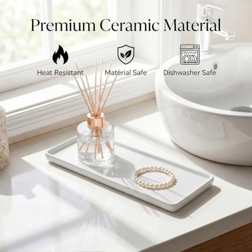10″ x 3.5″ Ceramic Bathroom Vanity Tray, Rectangular Decorative Countertop Tray for Bathroom Kitchen, Ceramic Organizer Tray for Perfume, Candle, Jewelry, Cosmetics, Soap Dispenser, Dresser Top, White - Image 5