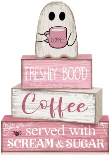 Moucuny 4 Pcs Pink Halloween Table Decorations Coffee Ghost Wooden Blocks by Moucuny