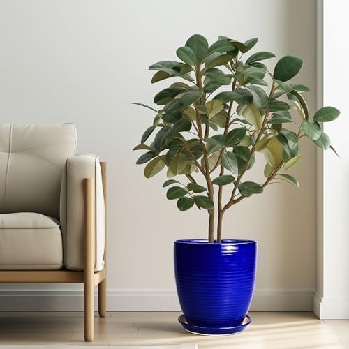 Ceramic Planter Pot - 10 Inch Plant Pot Indoor with Drainage Hole and Saucer Round Planter Large Modern Decorative Flower Pot Outdoor Garden Pot Blue - Image 2