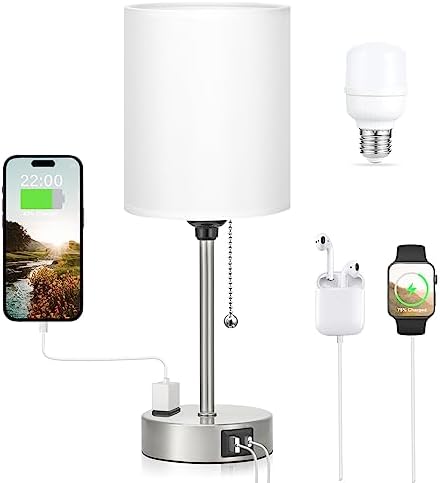 White Bedside Lamp for Bedroom - 3 Color Temperatures Desk Lamp with USB C and A Ports, Pull Chain Table Lamp with AC Outlet, Nightstand Lamp with Silver Metal Base for Kids Girls by DicooolDirect