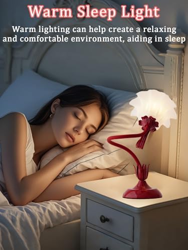 Flower Table Lamp, LED Reading Light Bedside Vintage Night Light (Red) - Image 3