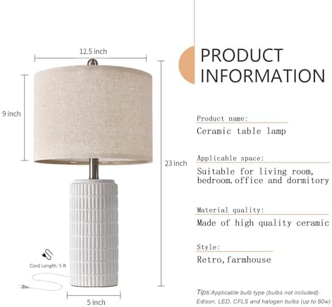 PoKat 23" Table Lamp, Farmhouse Bedside Lamps for Bedroom Set of 2, Ceramic End Table Lamps for Living Room, Traditional Nightstand Desk Lamps, Frosted White Lamps, Medium - Image 3