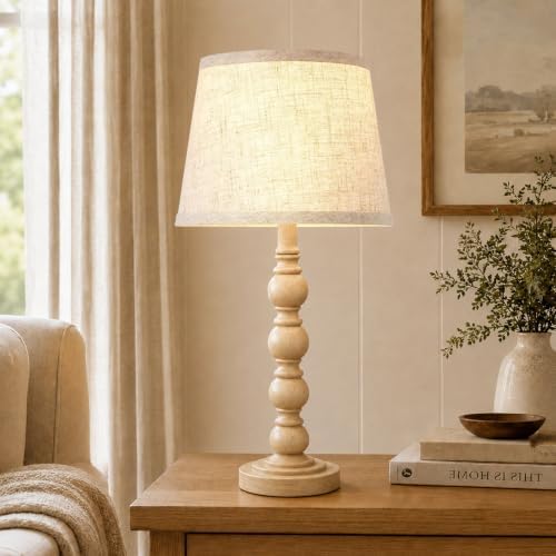 Farmhouse Table Lamps Set of 2, 21" Vintage Nightstand Desk Lamps with Linen Shades, Rustic Resin Bedside Lamps for Bedroom, Living Room, Office, Includes LED Bulbs with 3 light settings, Beige - Image 5
