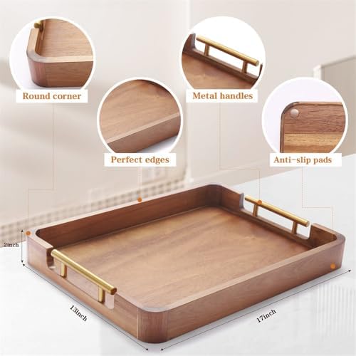 Acacia Wood Serving Tray with Handles, 17x13 Inch Ottoman Tray for Coffee Table,Candle Display,Breakfast in Bed, Large Wooden Decorative Tray with Non-Slip Pads, for Kitchen, Dining, Home Decor - Image 3