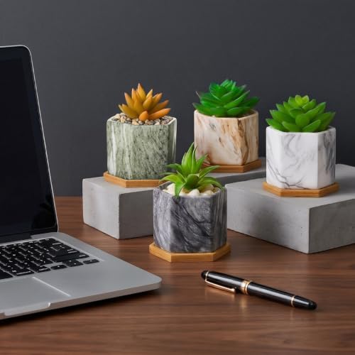 Ziliny Marbling Ceramic Flower Pot Succulent Small Plant Cactus Herbs Planter Ceramic Pot with Drainage Hole Matte Container(4 Pcs,Hexagon Style) - Image 5