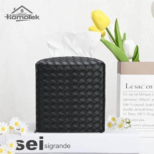 HOMOTEK 1 Pack Tissue Box Cover, Square PU Leather Tissue Holder, Decorative Facial Tissue Cube Paper Organizer Dispenser for Bathroom, Night Stands, Desk, Car 5X5X5'' - Woven Waffle,Dark Black - Image 5