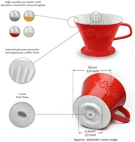 Creano Porcelain Coffee Dripper Red - Ceramic Cone Brewer - Pour Over Coffee Maker for Filter Bags Size 4 - Easy Manual Brew for pure Taste - also for Camping, Hiking - Image 5