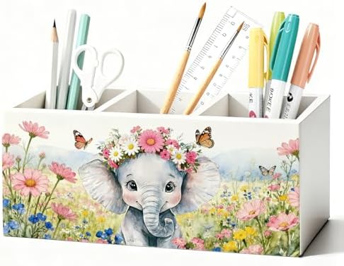 Elephant Pen Pencil Holder for Desk Accessories, Elephant Gifts for Women & Kids, Rustic Butterfly Flower Wild Animal Wooden Box Sign Decorations for Kids Room Home Office Desk Tabletop by Unknown