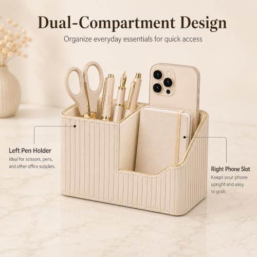 KINGFOM Luxury PU Leather Desk Organizer for Office Accessories, Aesthetic Pen Holder for Desk, Modern Desktop Storage Organizer for Women Home Office Supplies, Beige with Gold Trim - Image 4