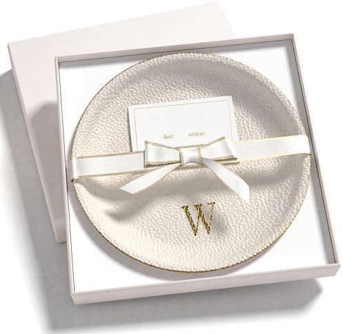 Initial Jewelry Dish for Women, Shatterproof Vegan Leather Ring Holder with Stainless Steel Core, Personalized Monogram Trinket Tray, Birthday Bridesmaid Gift with Box (Cream Letter W) by AUTYANL
