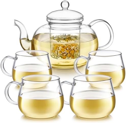 Teabloom Heatproof Glass Teapot Set with Removable Loose Tea Infuser (Standard Size: 32oz/946ml) and Four Borosilicate Glass Teacups (7oz/207ml) - Lead-free Complete Tea Set by Teabloom