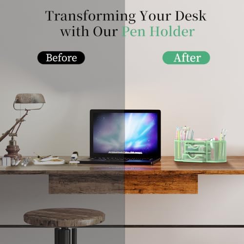 SUPEASY Mesh Desk Organizer, Pen Holder for Desk with 2 Drawers, MintGreen - Image 7