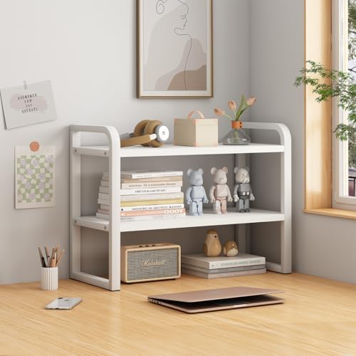 Office Desk Shelf Organizer, Wood Desktop Bookshelf Supplies Storage Rack, Shelf for Top of Desk and Dresser and Cubicle Decor Aesthetic Bookshelf (White White-Two Tier) by Janebert