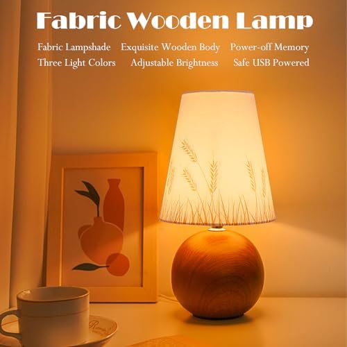 Vintage Wooden Base Fabric Night Lamp, Adjustable Light Color and Brightness with Power-Off Memory, Safe USB Powered, Retro LED Table Light for Bedroom Living Room Office (Wheat) - Image 2