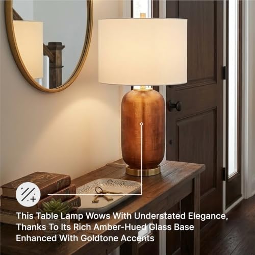 Signature Design by Ashley Farberman Amber Glass Table Lamp, 27-Inch with 3-Way Switch, Carved Glass and Metal with Drum Hardback Fabric Shade for Living Room or Bedroom, Orange & Metallic - Image 5
