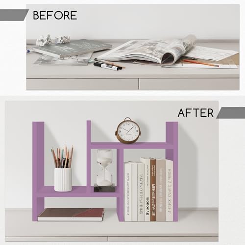 Jerry & Maggie Desktop Organizer Office Storage Rack Adjustable Wood Display Shelf Free Style Double H, Multi-Functional Mini Bookshelf for Desk Natural Stand (Violet) - Image 3
