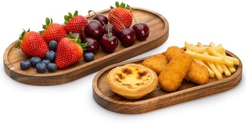 Elsjoy Set of 2 Acacia Wood Serving Trays, Long Wooden Serving Platter Oval Charcuterie Board Set for Home Decor, Fruit, Cheese - Image 6