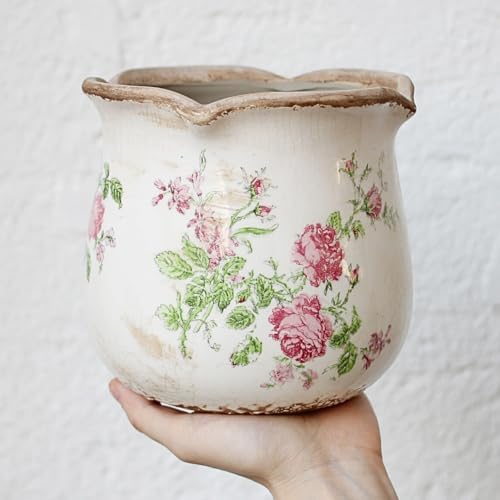 Xiaan Jiaju Shabby Chic Flower Pot, 6.11 Inch Ceramic Planter with Drainage for Indoor Plants, Vintage Ceramic Vase, Country Chic Spring Garden Home Decor, Pink Rose Floral - Image 3