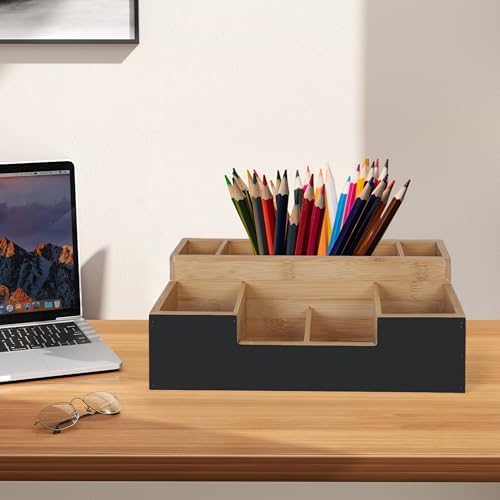 Relaxdays Bamboo Desk Organiser, 7 compartments, HxWxD: 11x30x15 cm, Office Storage, Desk Box, Black/Natural - Image 5