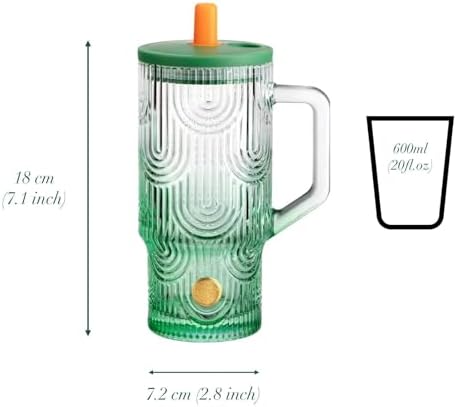 20 oz Green Glass Tumbler with Handle, Lid, Straw and Cover, Dishwasher Safe Cup for Iced Coffee, Water, Tea, Juice, Milk - Image 2
