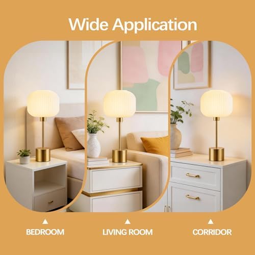 QiMH Glass Table Lamp for Living Room, Modern Bedside Lamp with Gream Ribbed Glass Shade, 3-Way Dimmable Touch Control Nightstand Lamp for Bedroom, Brushed Gold (2700K LED Bulb Included) - Image 6