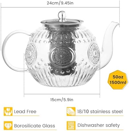 Amzcku 50OZ/1500ml Vintage Glass Teapot with Removable Infuser – Stovetop Safe, Borosilicate Glass Tea Kettle for Blooming & Loose Leaf Tea - Image 2