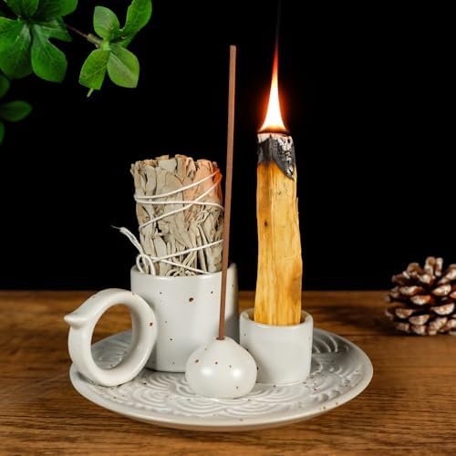 5 in 1 Ceramic Palo Santo Burner Holder for Sage, Incense Sticks & Candle by MOUGIGI