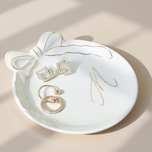 COLLECTIVE HOME Ceramic Jewelry Tray, Monogram Trinket Dish with Bow (M) by COLLECTIVEHOME