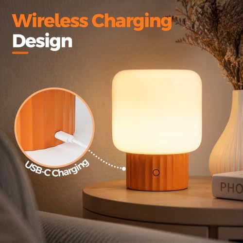 VOLISUN Mushroom Lamp, Cordless Rechargeable Table Lamp with Glass Shade, 3 Color Temperatures & Stepless Dimming, 5200mAh, Touch Control Bedside Lamps for Living Room, Bedroom, 1 Pack (Orange) - Image 5