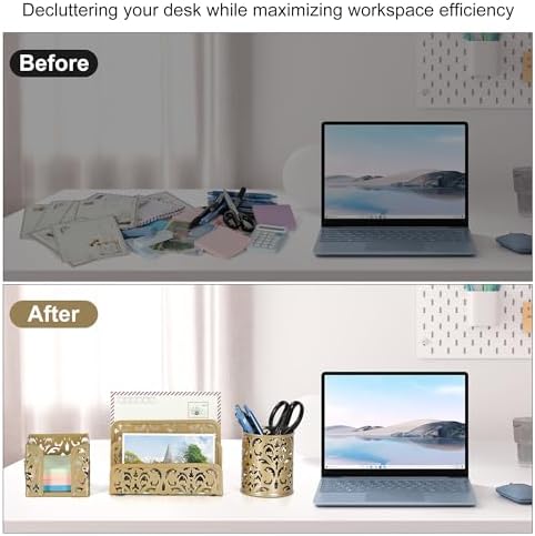 EasyPAG Desk Organizers and Accessories 3 Pieces Office Organizer Set - Pen Holder for Desk, Mail Sorter Countertop and Sticky Note Holder, Gold - Image 5