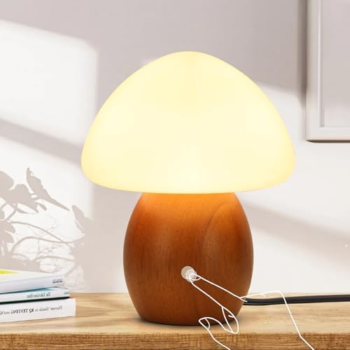 Mushroom Lamp with Touch Control Switch, Small Wooden Table Lamp with Glass Shade, 3 Way Dimmable Nightstand Lamp for Bedroom, G9 LED Bulb Included (Brown Color&Opal White Glass Shade) by Unknown