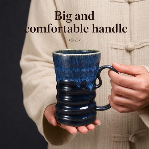 17oz Large Unique Cool Tall Handmade Ceramic Coffee Mug with Comfortable Big handle, Big Pottery Tea Mug, Artisanal Stoneware Coffee cup, Rustic Lead-free Tea Cups, Microwave safe,Black and Blue - Image 3