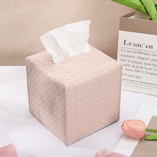 HOMOTEK 1 Pack Tissue Box Cover, Square PU Leather Tissue Holder, Decorative Facial Tissue Cube Paper Organizer Dispenser for Bathroom, Night Stands, Desk, Car 5X5X5'' - Woven Waffle,Macaron Pink by HOMOTEK