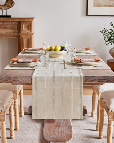 ZeeMart Linen Checked Farmhouse Table Runner, 13x36 Inches Neutral Beige - Image 2