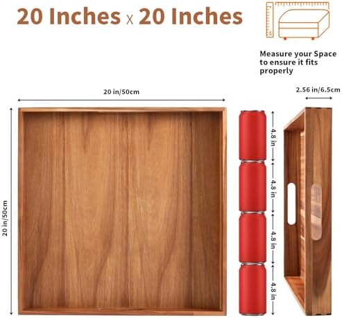Serving Tray with Handles, 20 Inch Large Square Ottoman Tray Acacia Wood Decorative Tray for Living Room, Ottoman Coffee Table, Kitchen, Appetizers, Breakfast, Patio, Party - Image 3