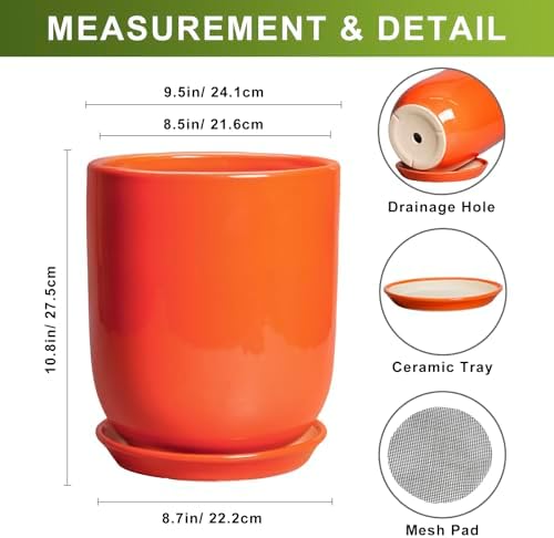 Indoor Planter 10 Inch - Ceramic Plant Pot with Drainage Hole and Saucer, Modern Decorative Round Planter for Indoor Outdoor Plants, Housewarming Gifts, Home Garden Office Decor, Orange - Image 3