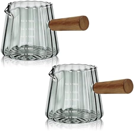 2 PCS Espresso Measuring Cup 6 Oz, Espresso Glass Cups with Wood Handle, Milk Frothing Cup, Espresso Cup for Coffee, Milk, Tea or Maple Syrup Serving (Grey) by Unknown